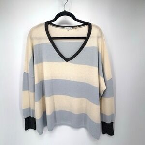 Minnie Rose Cashmere Sweater Pullover Medium / Large V-Neck Striped Cozy Oversiz